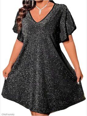 Plus Size Cocktail Dress Sparkly Glitter Short Sleeve Flared Club Party Dress